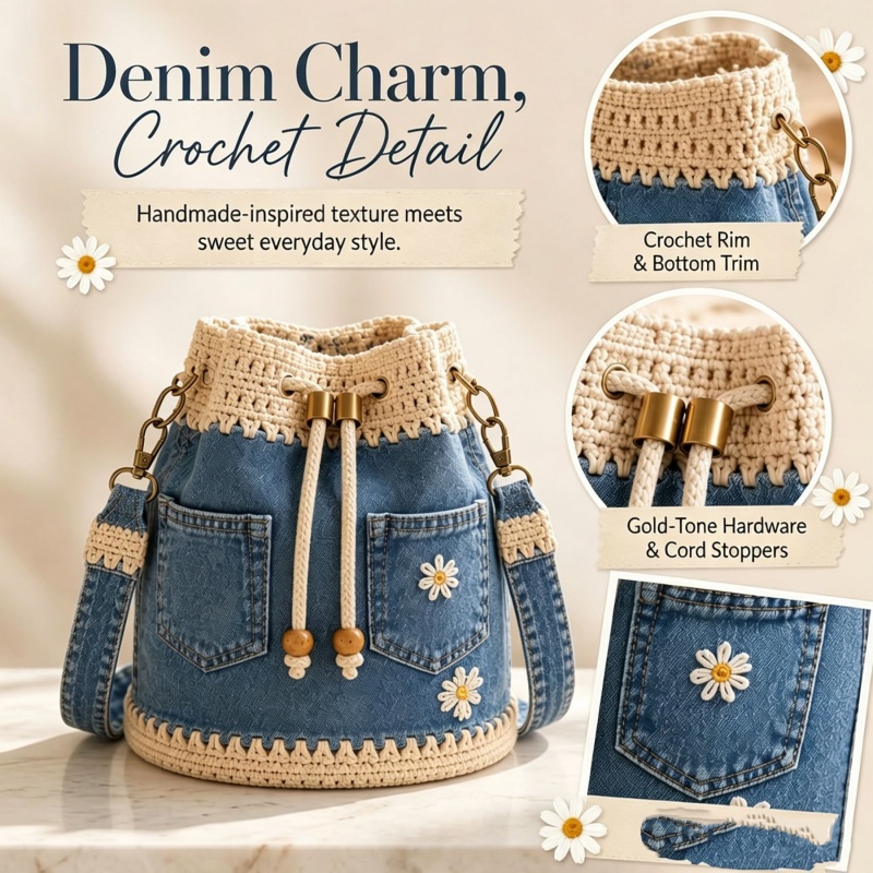 Crochet Market Bag - حقيبة دنيم كروشيه يدوية الصنع بتصميم