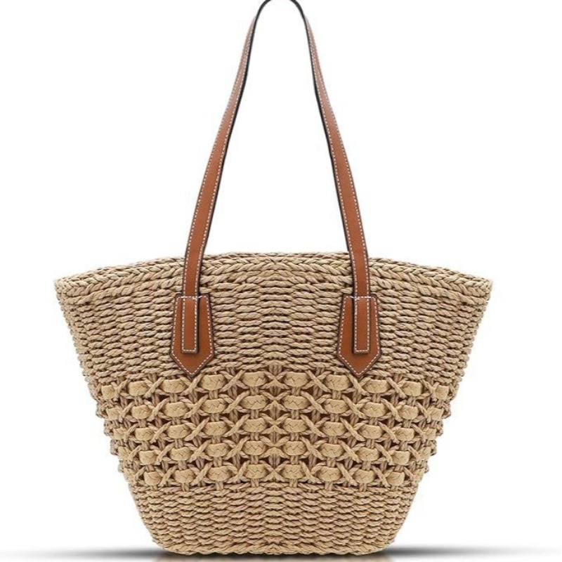 Crochet Market Bag - حقيبة كتف نسائية جديدة من القش،