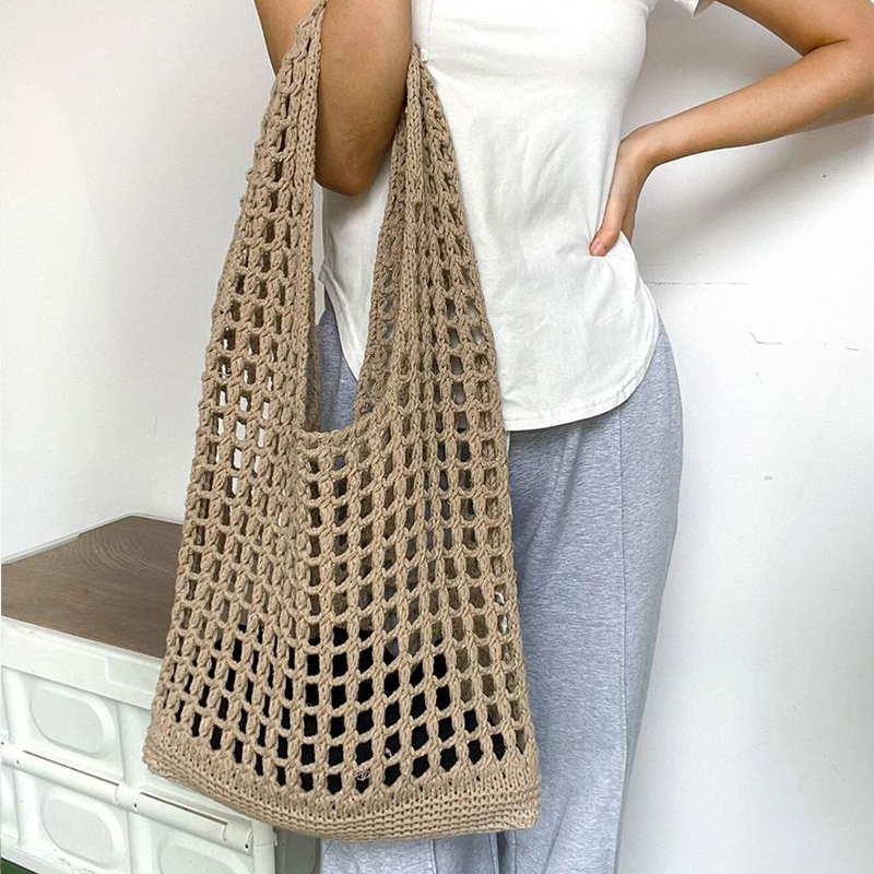 Crochet Market Bag - حقيبة كتف محبوكة بوهيمية للنساء ،
