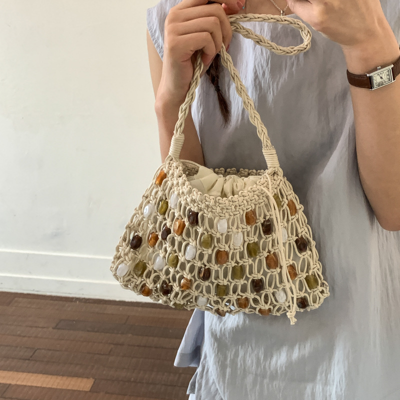 Crochet Market Bag - حقيبة كتف نسائية بتصميم خرز مجوف،